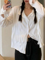 White Wrinkled Textured Baggy Long Sleeve Blouse - HouseofHalley