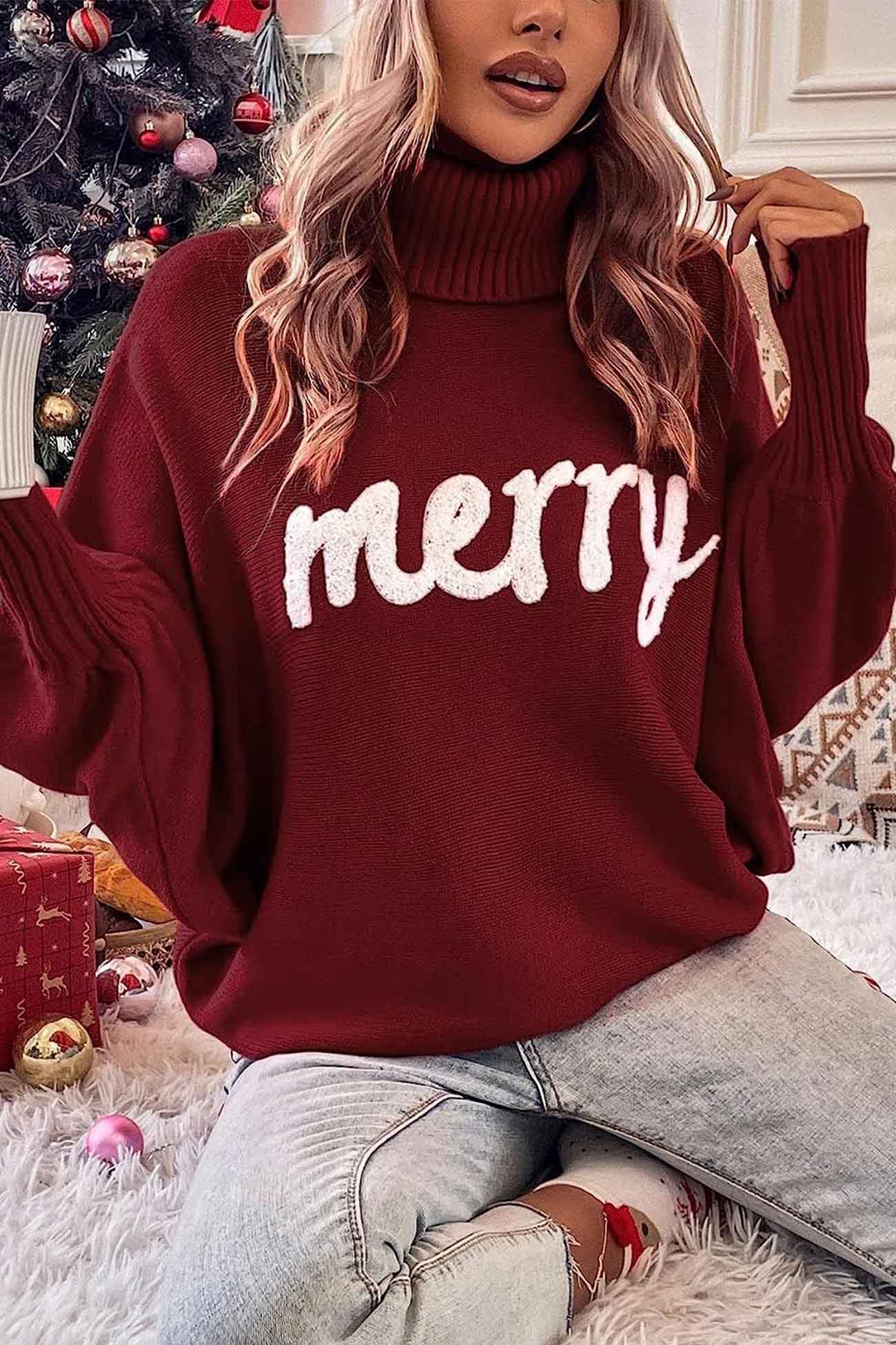 Merry Printed Dolman Sleeve Turtleneck Knitted Sweater