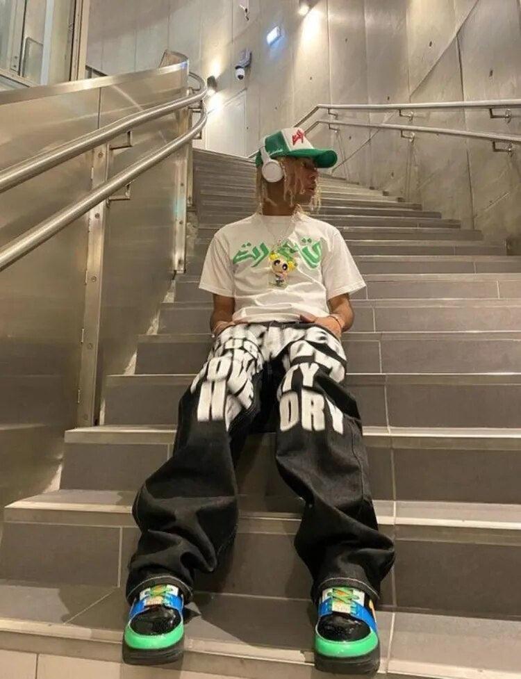 Y2k Letter Printed Black Pants