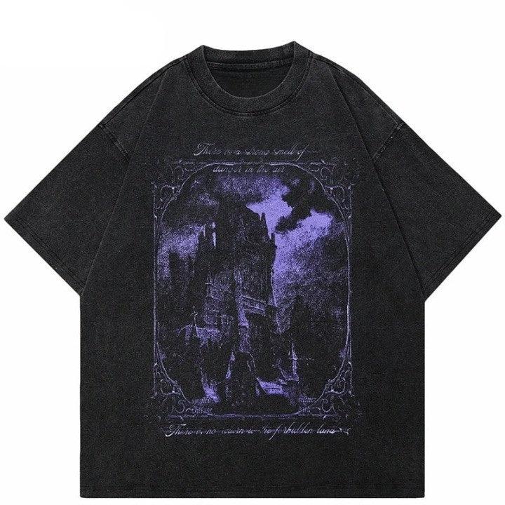 Y2K Purple Graphic Horror Castle T-Shirt