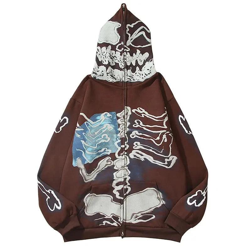 Y2K Skull Skeleton Bones Zipper Hoodie