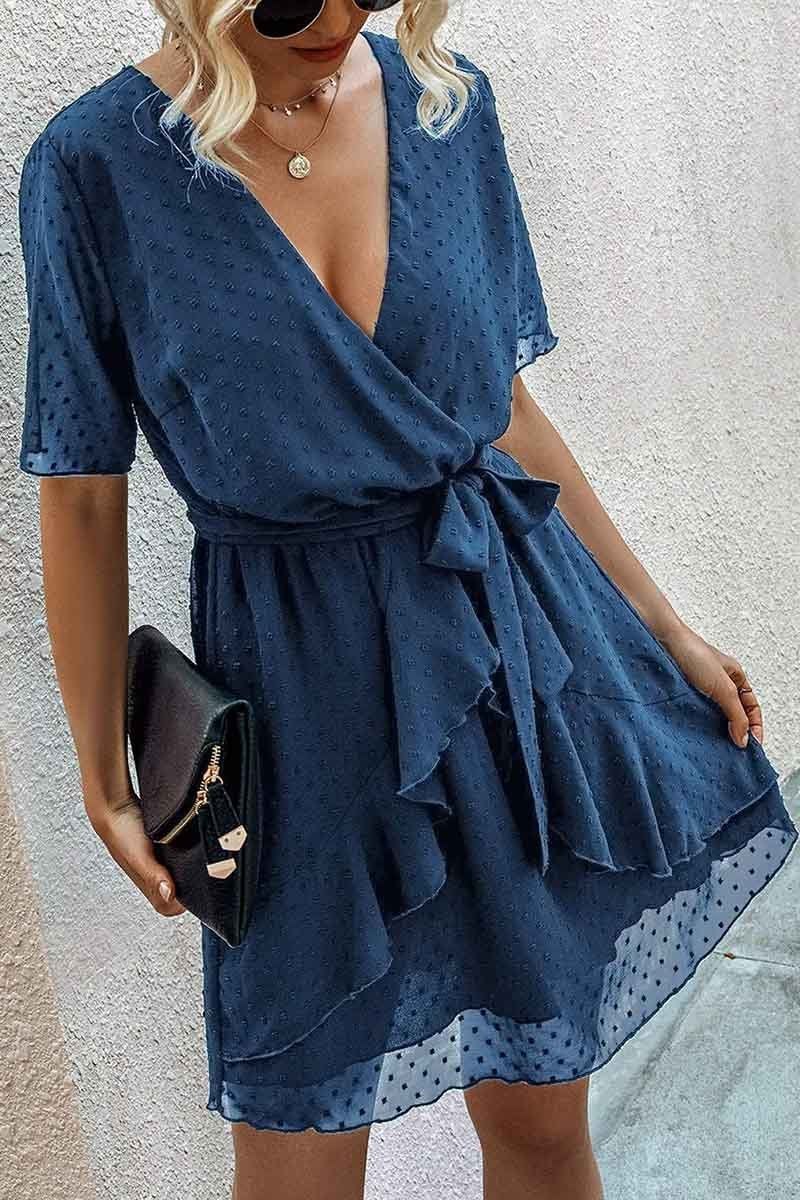 Swiss Dot V-Neck Dress With Belt