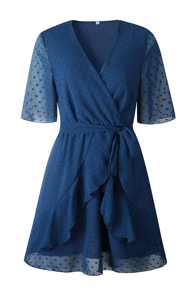 Swiss Dot V-Neck Dress With Belt