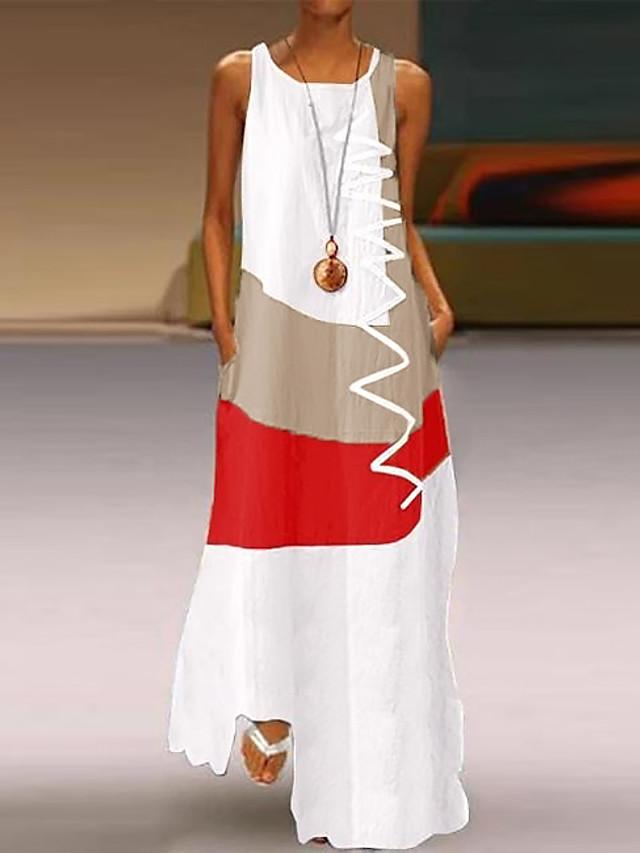 Women's A-Line Dress Maxi long Dress - Sleeveless Color Block Patchwork Summer Plus Size Casual Holiday Vacation 2020 White Red Khaki Dusty Blue S M L XL XXL XXXL XXXXL XXXXXL