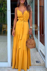 Button V-Neck Maxi Dress With Belt