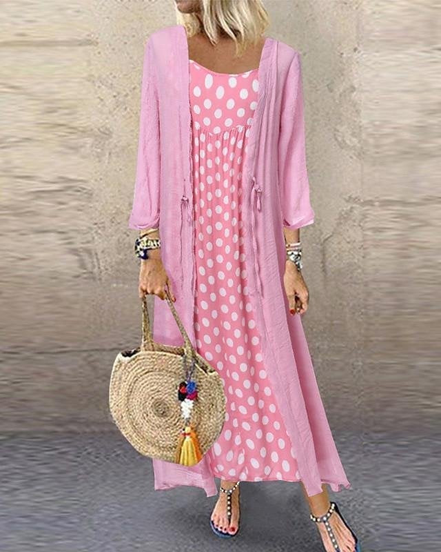 Women's Two Piece Dress Maxi long Dress - Long Sleeve Polka Dot Print Spring & Summer Hot Casual Loose Black Blushing Pink Orange M L XL XXL 3XL 4XL 5XL