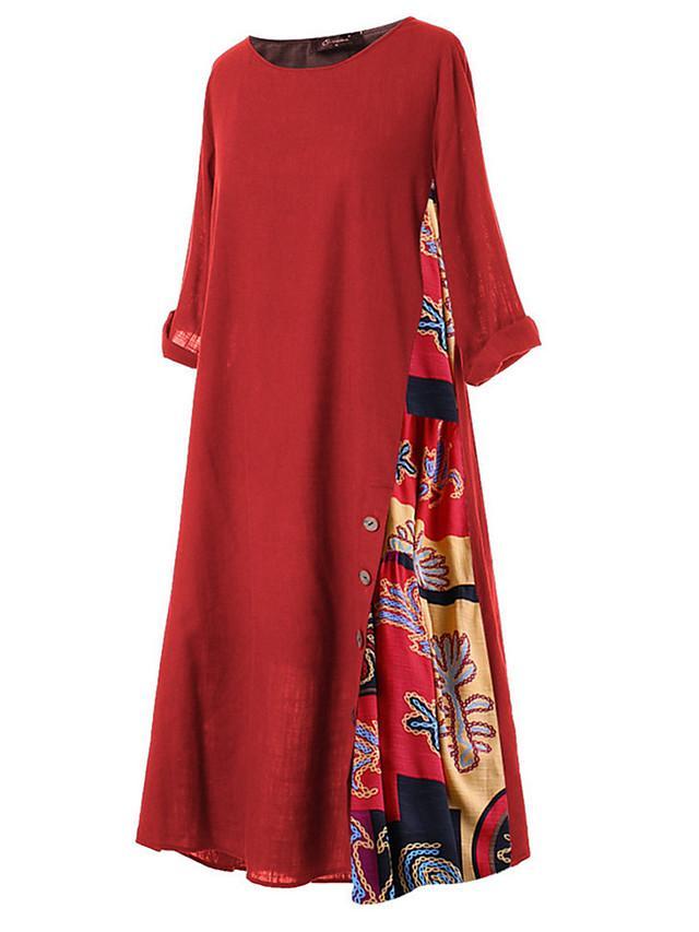 Women's Swing Dress Maxi long Dress - 3/4 Length Sleeve Print Print Spring & Summer Hot Casual Holiday vacation dresses Loose 2020 Red Yellow Wine Army Green Navy Blue Gray L XL XXL 3XL 4XL 5XL