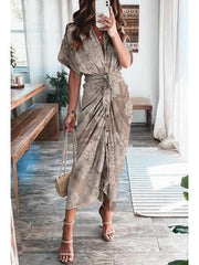 Print Satin Pleated Classy Bandage Shirt Dress