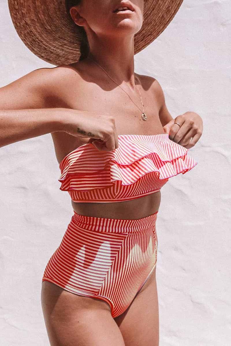 Ruffled Irregular Striped Swimsuit(3 Colors)