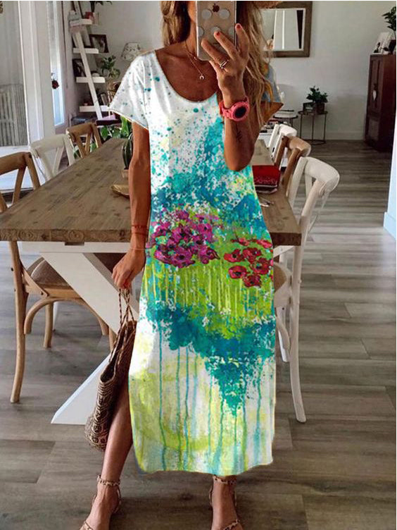 Casual Art Oil Painting Floral Round Neck Short Sleeve Hem Slit Long Dress