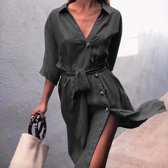 Tie Waist Button Down Elegant Shirt Dress 3/4 Sleeve Casual Dress