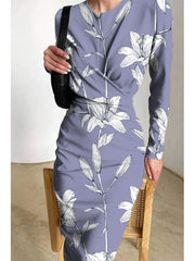 Printed Satin Pleats Elegant Slim Fit Crew Neck Maxi Dress