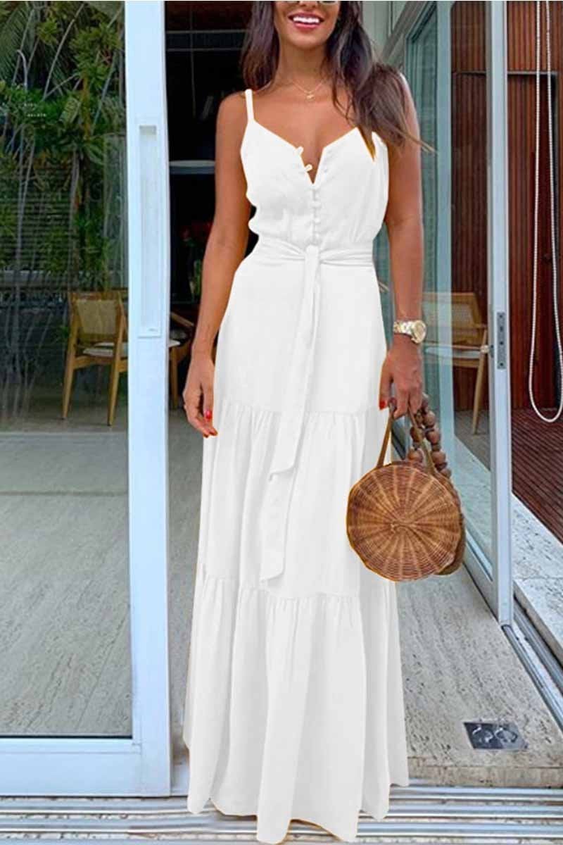 Button V-Neck Maxi Dress With Belt