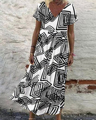 Casual Vintage Print Loose V-Neck Short Sleeve Maxi Dress