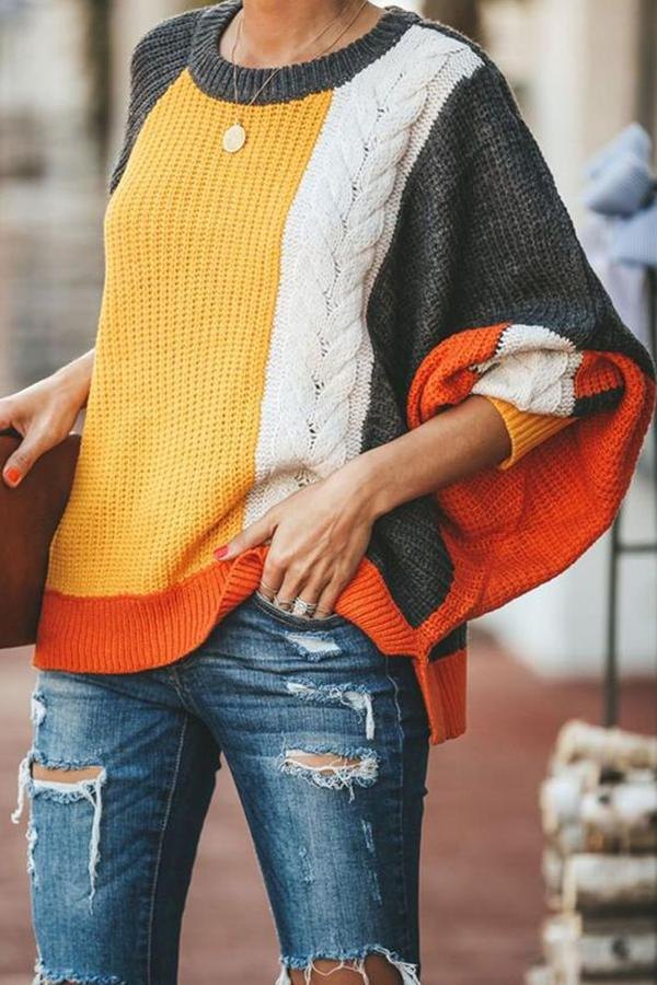 Color Patchwork Round Neck Sweater