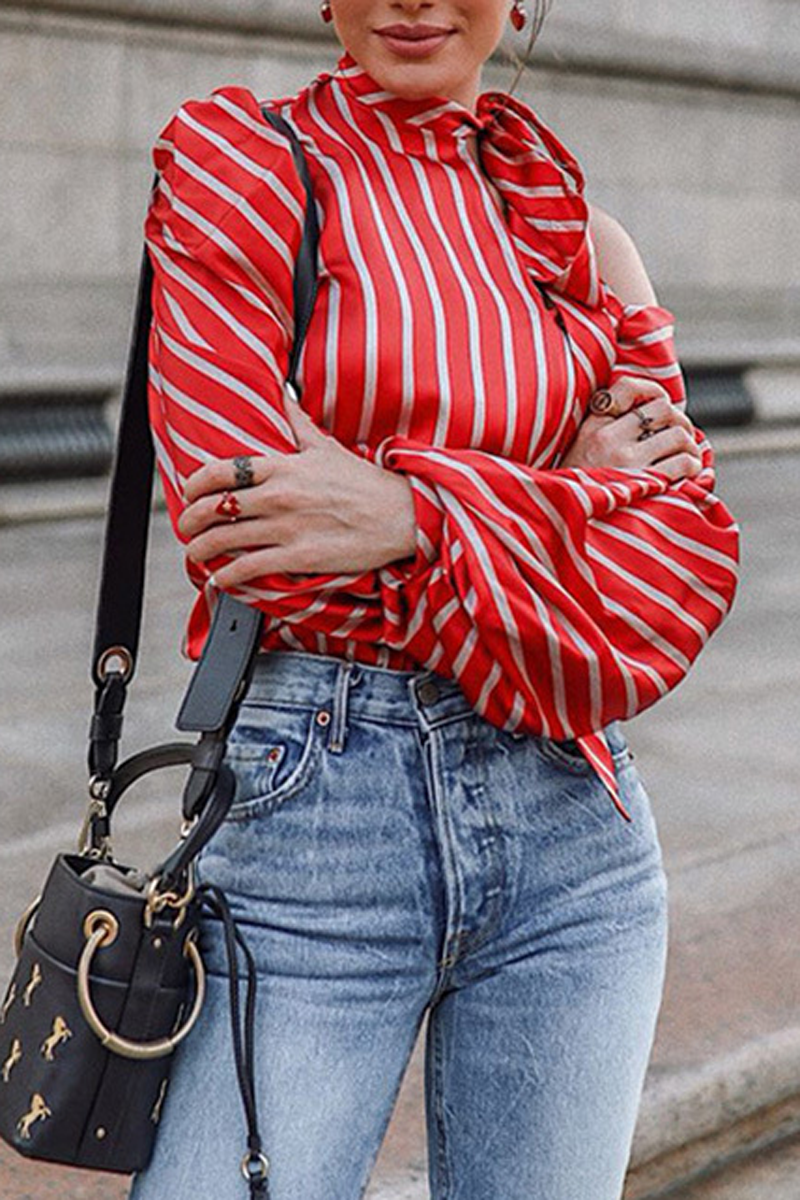 Bow Neck Stripe Cold Shoulder Blouse