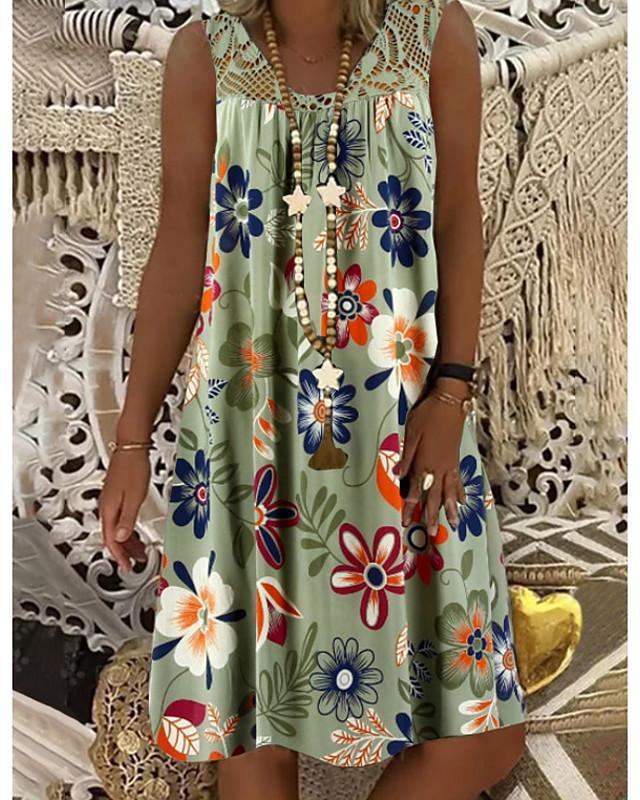 Women's Shift Dress Knee Length Dress - Sleeveless Floral Lace Print Summer Plus Size Hot Mumu Beach vacation dresses 2020 White Black Army Green Fuchsia Navy Blue M L XL XXL 3XL 4XL 5XL