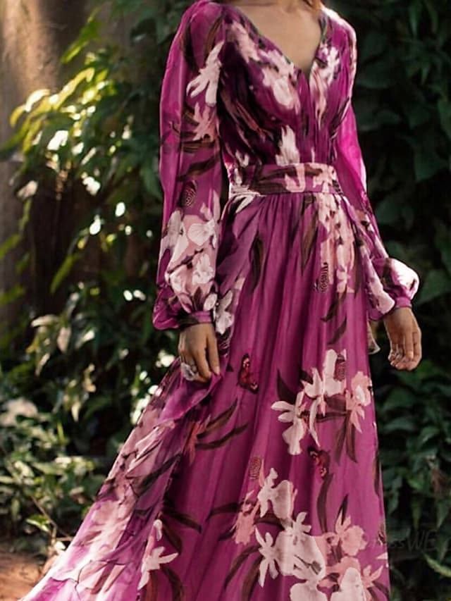 Women's Chiffon Dress Maxi long Dress Purple Long Sleeve Floral Color Block Summer V Neck Holiday Boho 2021 S M L XL XXL 3XL