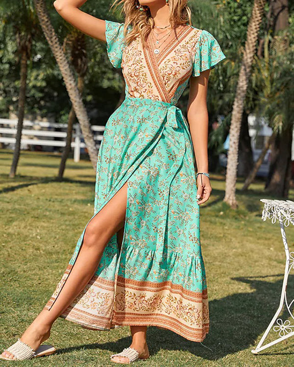 Casual Vintage Boho V-Neck Print Dress