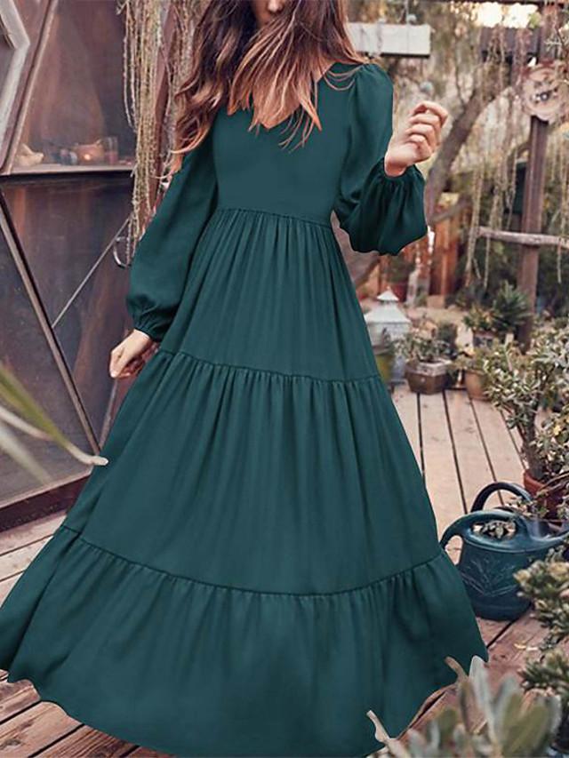 Women's Swing Dress Maxi long Dress Long Sleeve Solid Color Patchwork Fall Hot Casual Black Green Brown M L XL XXL 3XL 4XL 5XL