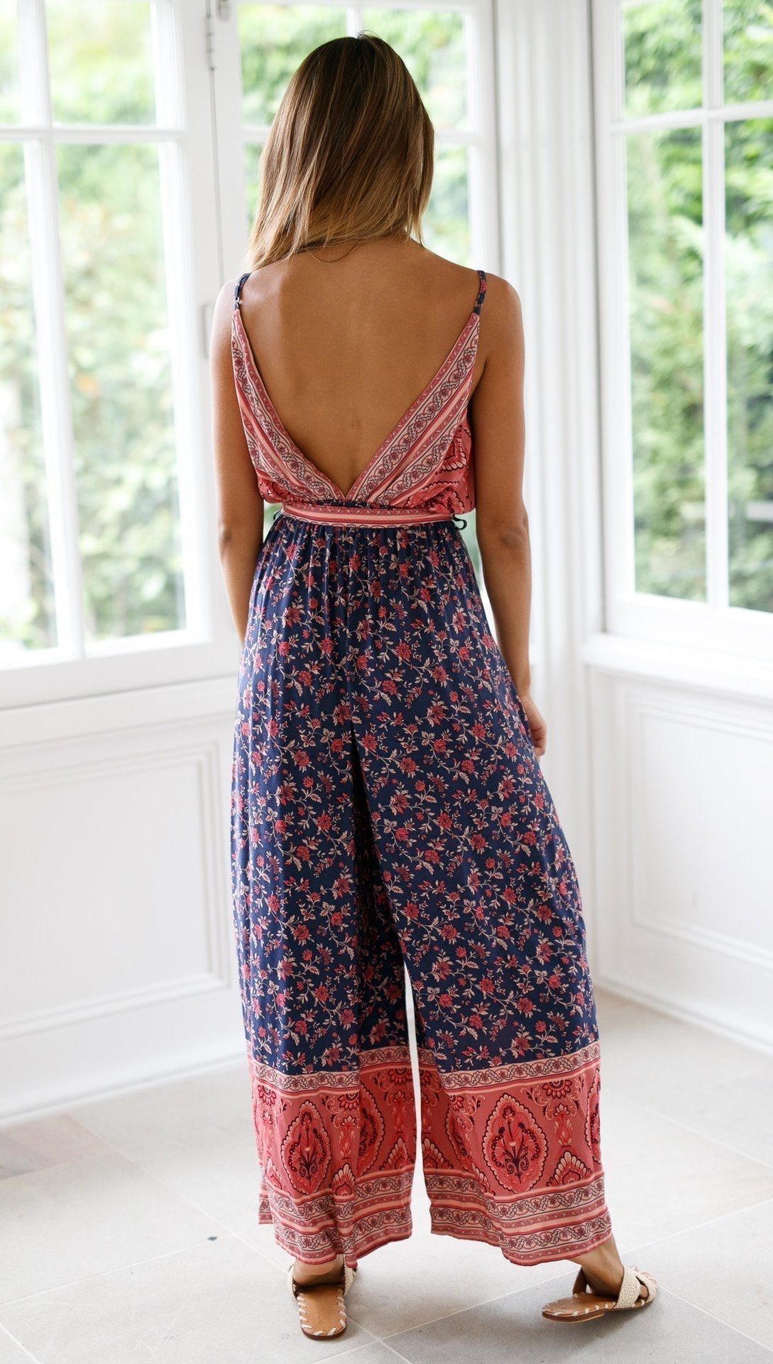 Boho Navy Floral Surplice Jumpsuit