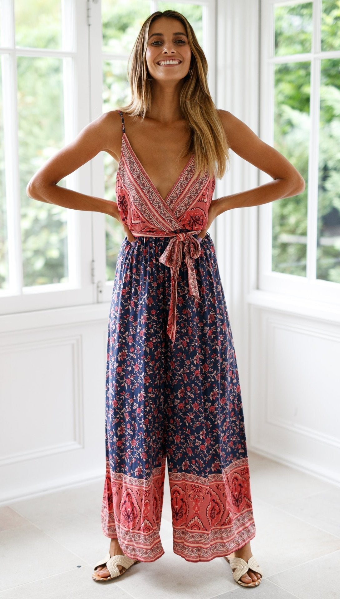 Boho Navy Floral Surplice Jumpsuit