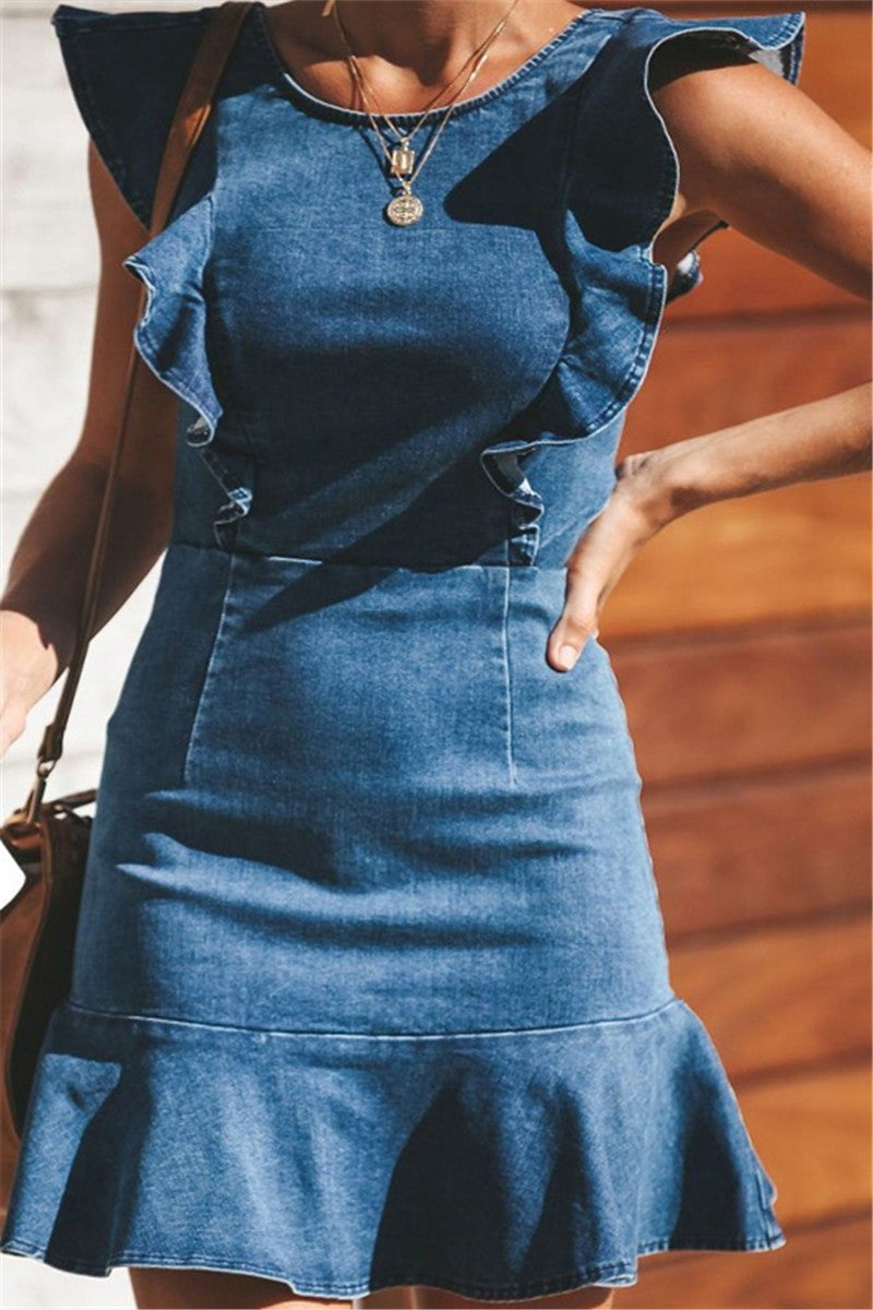 Ruffled Solid Color Sleeveless Denim Dress