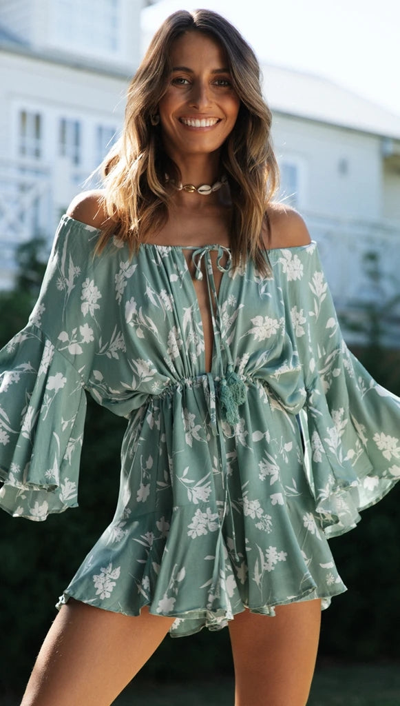 Sage Floral Off Shoulder Withdraw Rompers