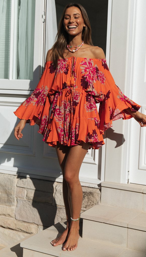 Carrot Floral Off Shoulder Withdraw Rompers