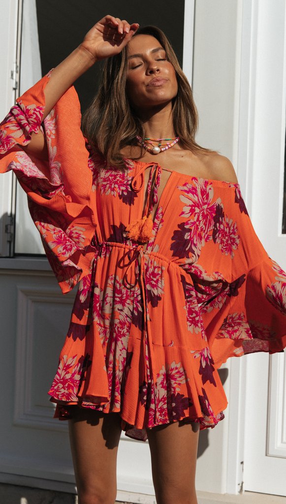 Carrot Floral Off Shoulder Withdraw Rompers