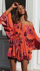 Carrot Floral Off Shoulder Withdraw Rompers