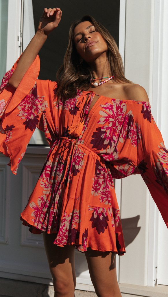 Carrot Floral Off Shoulder Withdraw Rompers