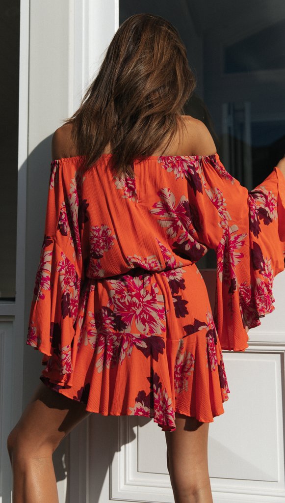 Carrot Floral Off Shoulder Withdraw Rompers