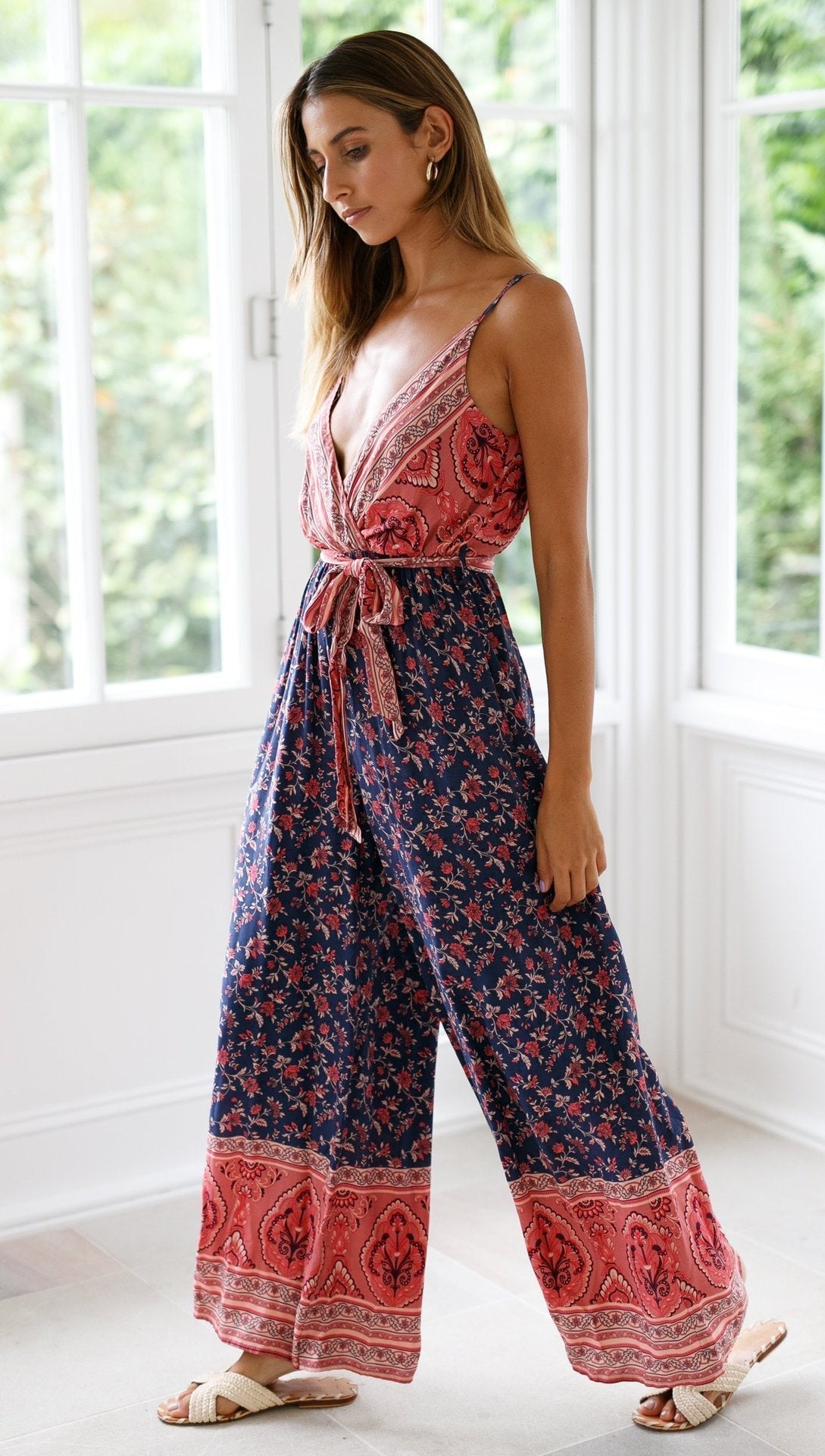 Boho Navy Floral Surplice Jumpsuit