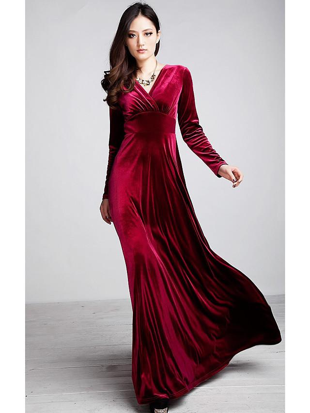 Women's Sheath Dress Maxi long Dress Black Purple Wine Green Royal Blue Long Sleeve Solid Colored V Neck Hot Velvet S M L XL XXL 3XL / Plus Size