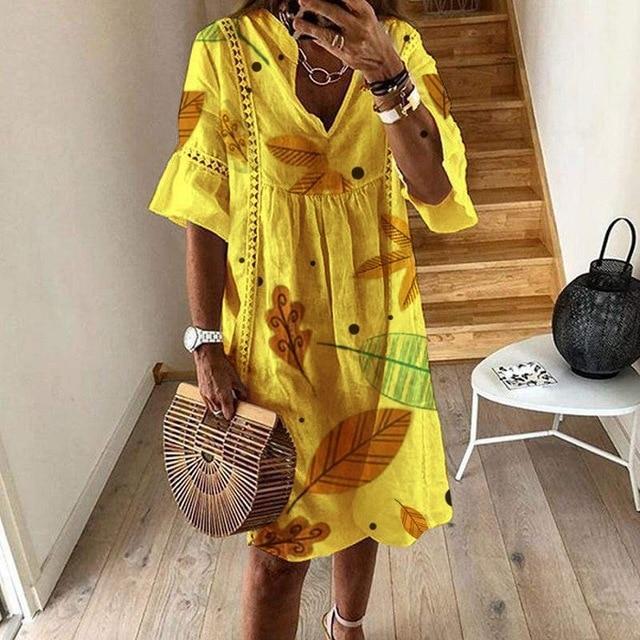 Women Sexy Hollow Out V-neck Mini Dress Floral Print Patchwork Dress Casual Beach Dress