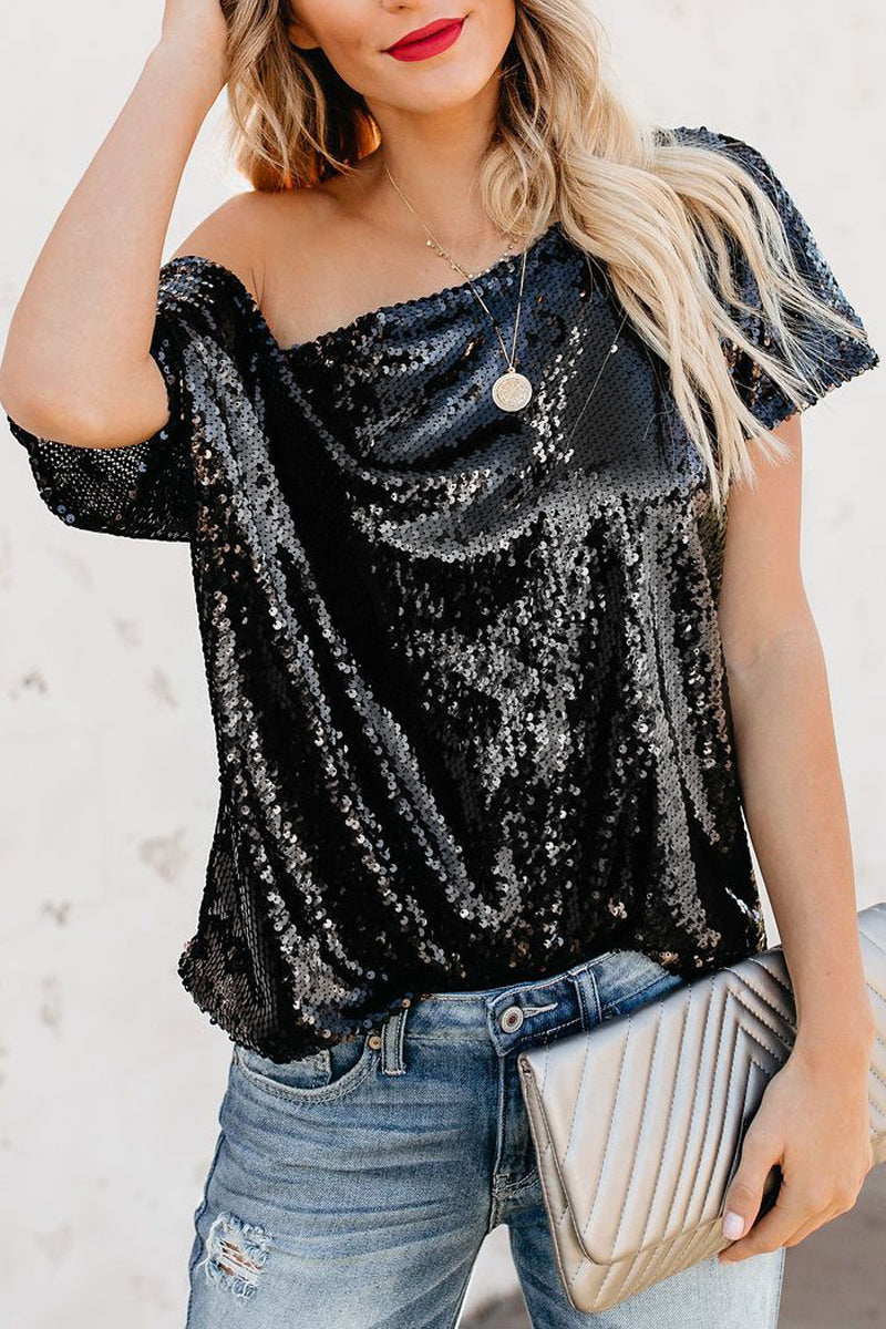 Sequined Skew Neck Short Sleeve T-Shirt