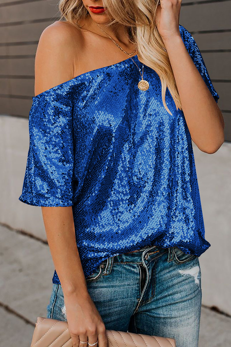 Sequined Skew Neck Short Sleeve T-Shirt