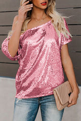 Sequined Skew Neck Short Sleeve T-Shirt