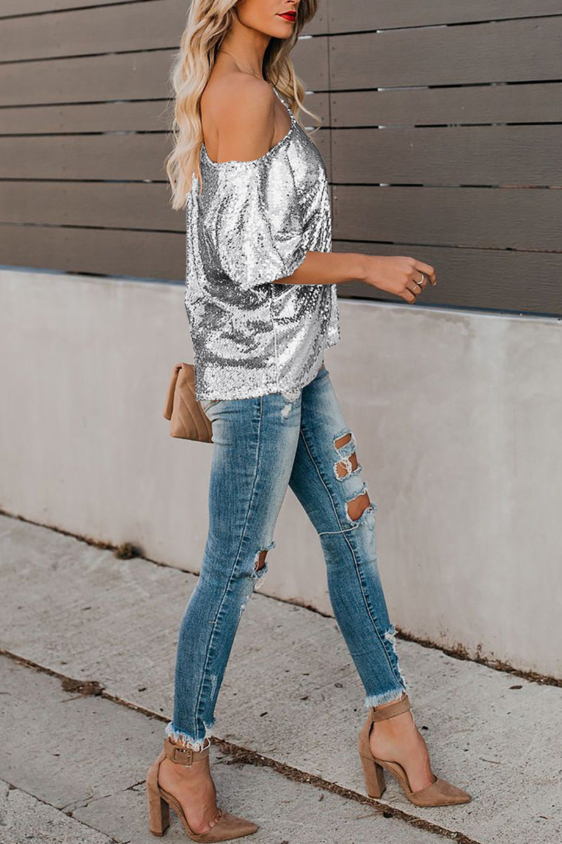 Sequined Skew Neck Short Sleeve T-Shirt