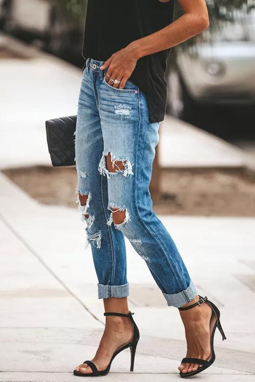 Ripped Straight Denim Jeans