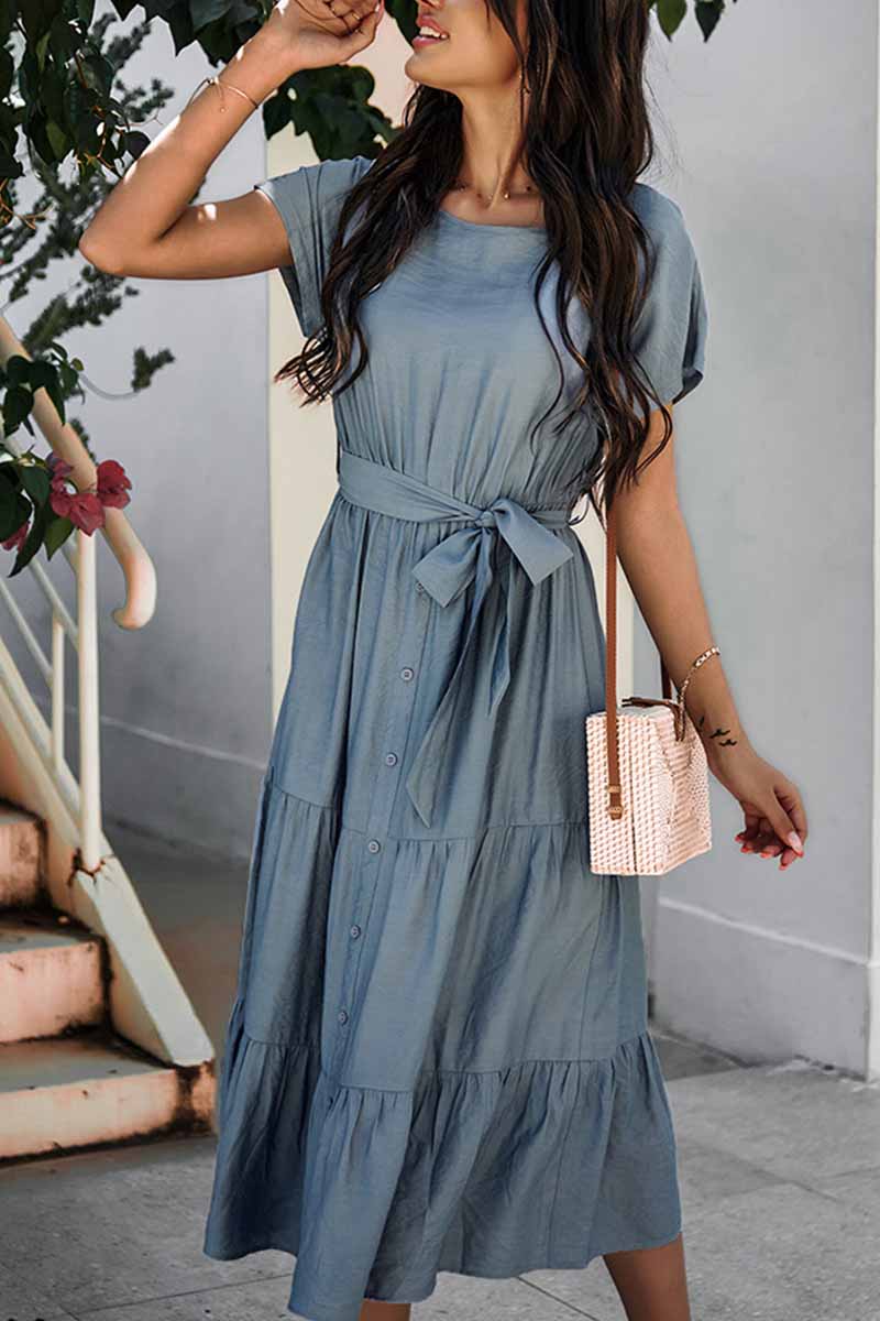 Pure Color Simple Restraint Waist Midi Dress