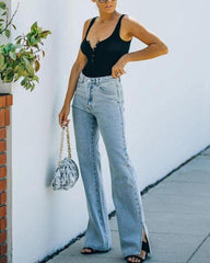 Retro Blue Split Wide Leg Jeans