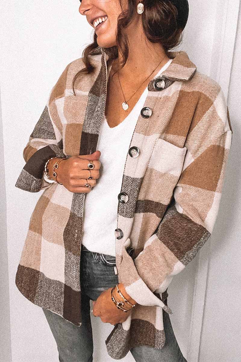 Fashion Lapel Loose Plaid Jacket Tops(3 Colors)