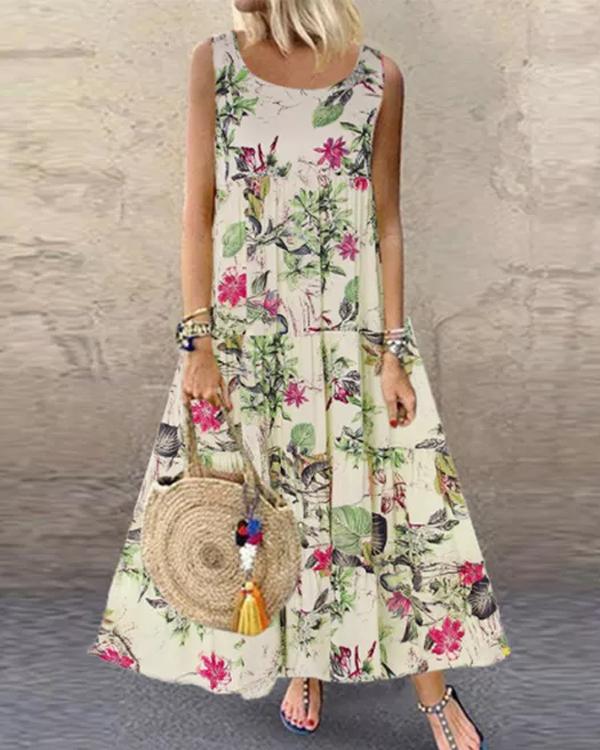 Retro Floral Cotton Maxi Dress