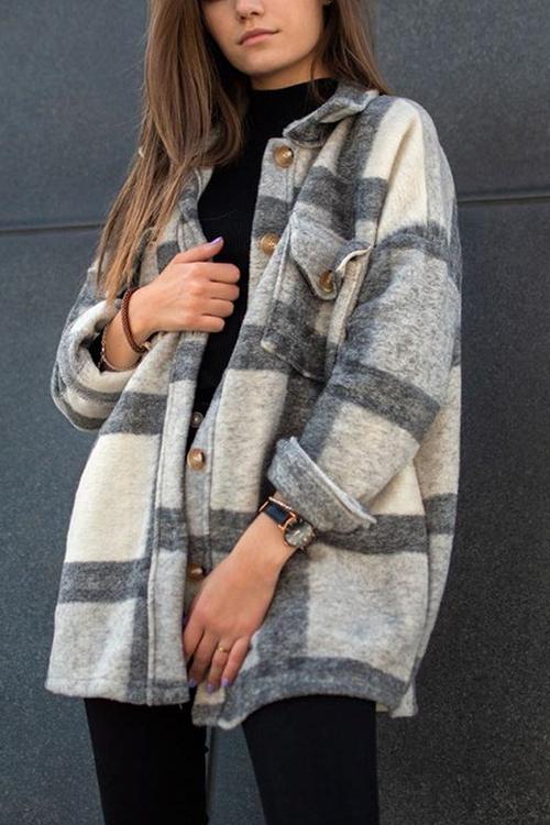 Button Down Pockets Plaid Jacket Coat