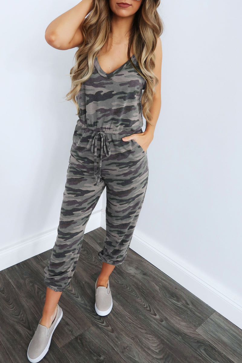 Camouflage Printed Drawstring Waist Halter Jumpsuit