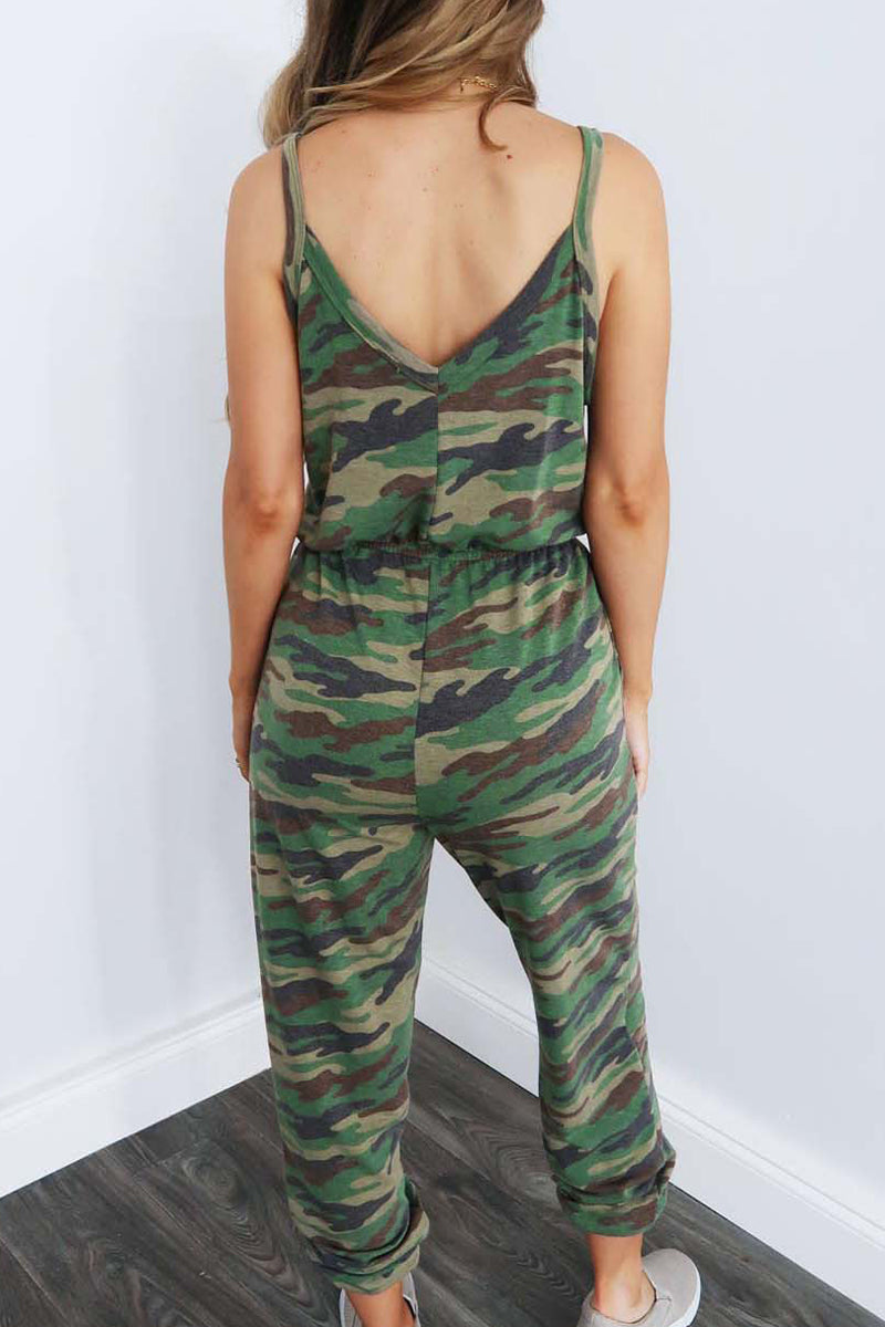 Camouflage Printed Drawstring Waist Halter Jumpsuit