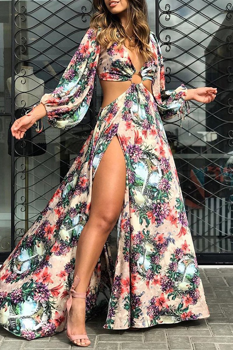 Bohemian Floral Print Long Sleeve Dress