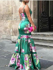 Women's Sheath Dress Maxi Long Dress Green Sleeveless Floral Patchwork Print Spring Summer Casual 2021 S M L XL XXL 3XL